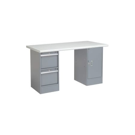 Global Equipment 60 x 30 Pedestal Workbench 2 Drawers and Cabinet, Laminate Safety Edge Gray 319033